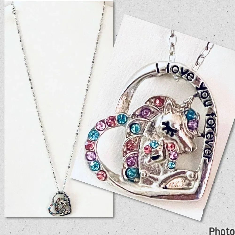 NWT Mom & Daughter Unicorn I Love You Forever silver Chain Rhinestones Necklace